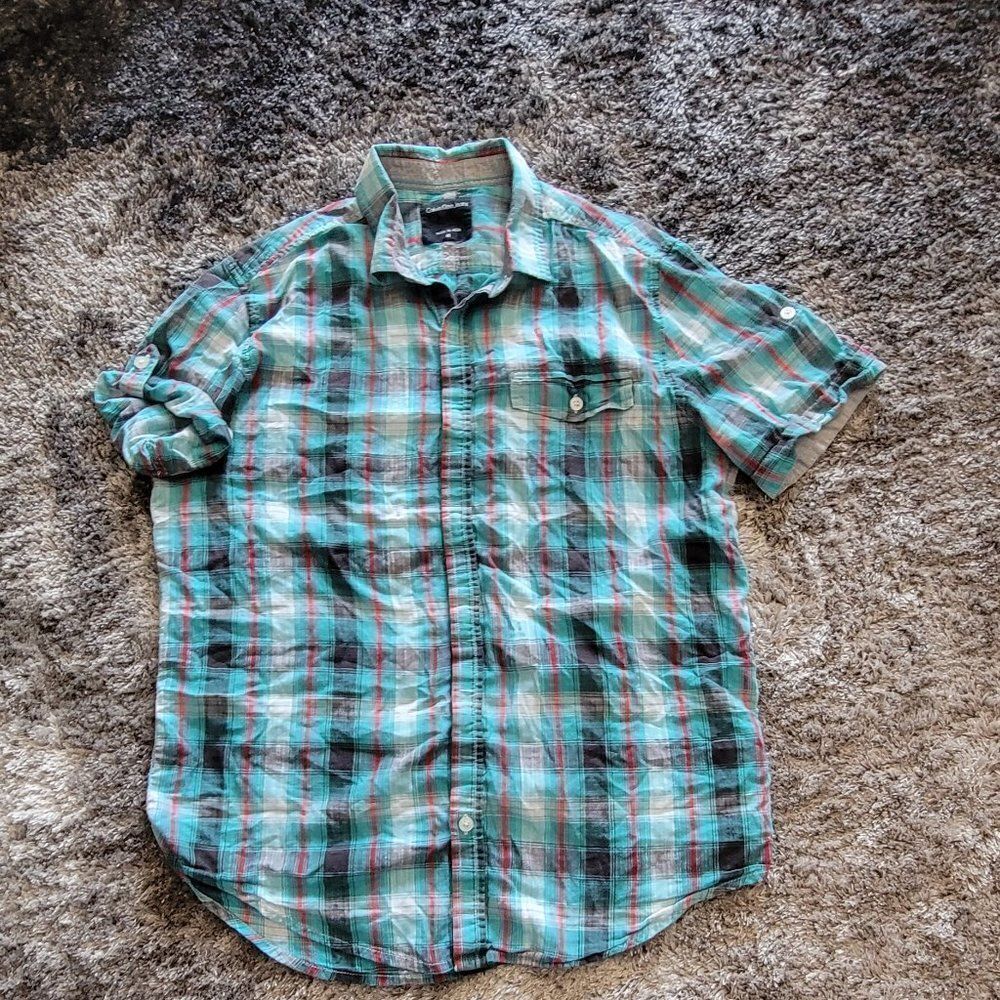 Women's Calvin Klein Blue Gray Pink Plaid Button Down Short Sleeve Size Medium